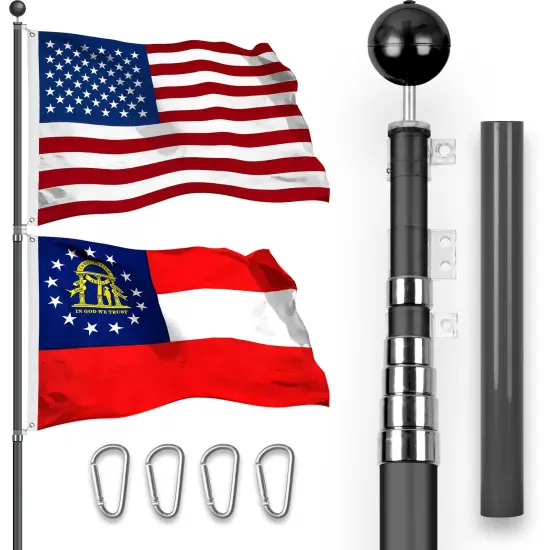 G128 Combo Pack: 25 Ft Telescoping Aluminum Flagpole (Black) & American and Georgia Flags 3x5 Ft, Both StormFlyer Series Embroidered 220GSM Spun Polyester | Pole with Flags Included {1}