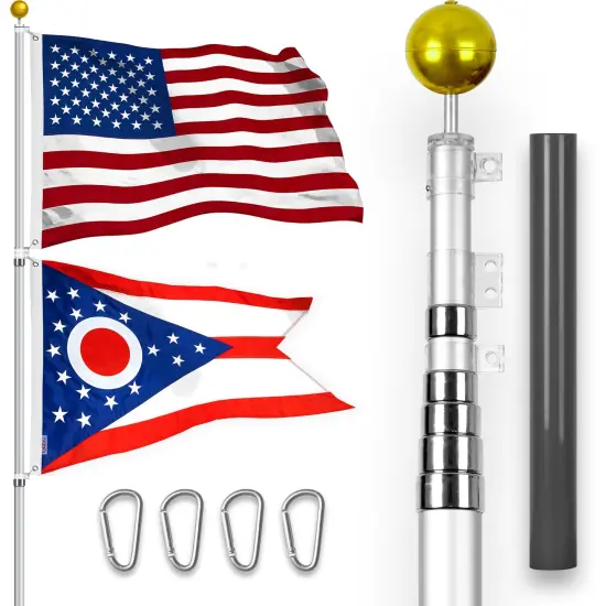 G128 Combo Pack: 25 Ft Telescoping Aluminum Flagpole (Silver) & American and Ohio Flags 3x5 Ft, Both StormFlyer Series Embroidered 220GSM Spun Polyester | Pole with Flags Included {1}