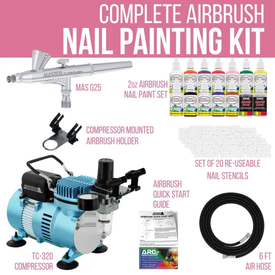 Complete Professional Airbrush Nail Kit with G25 Airbrush, Master Compressor TC-20, Air Hose, 20 Nail Stencils & 12 Custom Body Art Colors, 1 oz. {2}