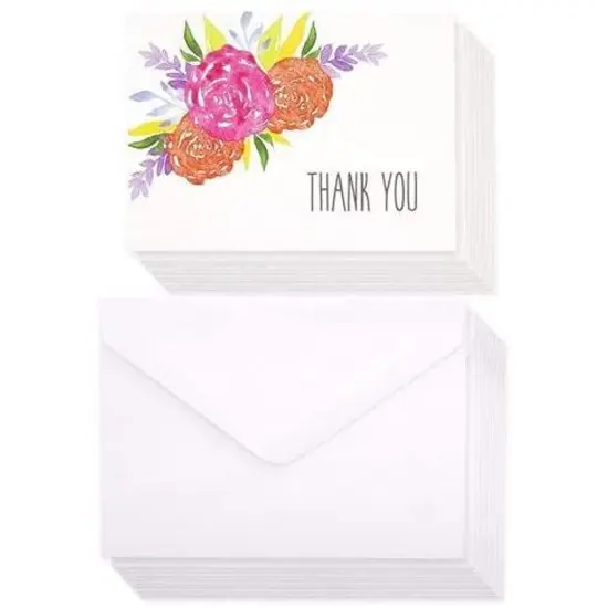 Thank You Cards, Floral Watercolor Bulk Set with Envelopes (5.1 x 3.7 In, 120 Pack) Multicolor {3}