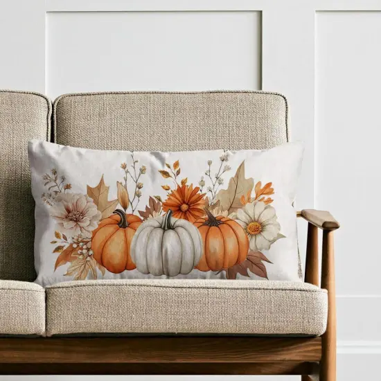 Fall Pillow Cover 12x20 inch Pumpkins Autumn Leaves Throw Pillow Cushion Case (Orange Beige Brown) {5}
