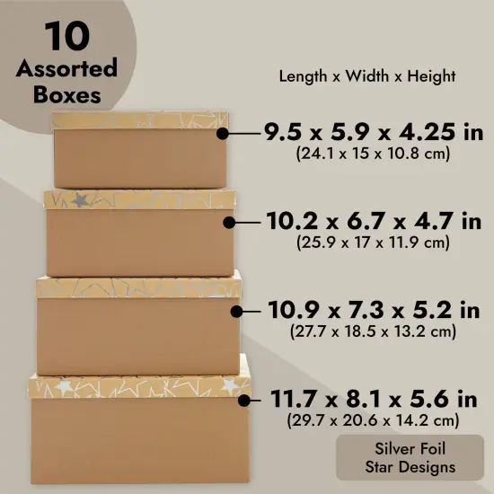 Set of 10 Nesting Gift Boxes with Lids, Cardboard Box with Silver Foil Star Designs (10 Sizes) Brown {3}