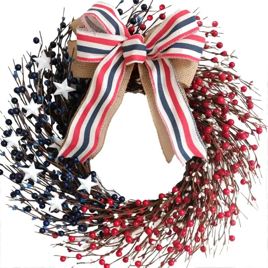 18 Inch Patriotic Red White Blue Berries Wreath for Front Door, 4 of July Memorial Day Independence Day Burlap Bow Wreath for Home Decor, American Flag Day Wreath for Indoor and Outdoor Use {1}