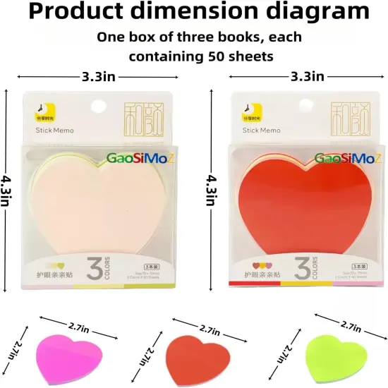 3 Colors,3 Sets, Post-It Notes,50 Heart Sticky Notes Per Book,Cute Sticky Notes Can Be Repeatedly Pasted Without Leaving Glue,Heart Post It Notes for Diary Office Gifts (Red Mixed Packaging) {3}