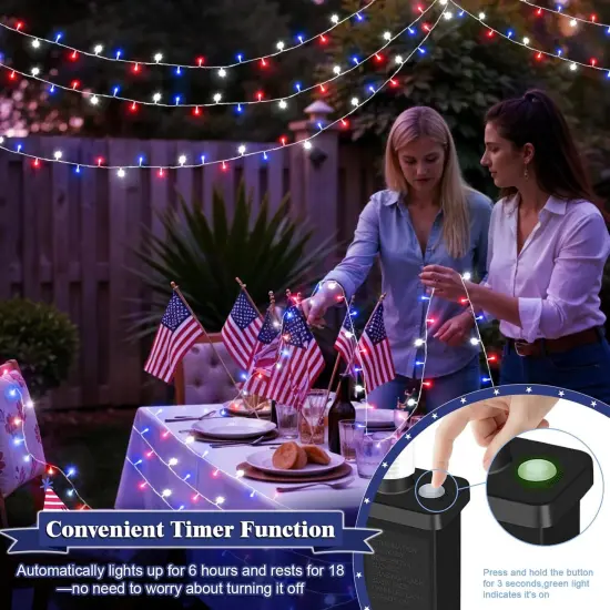 Red White and Blue Lights Outdoor, 32ft 100 LED Patriotic String Lights for 4th of July, Memorial Day, Independence Day Decor, 8 Modes Timer Waterproof Connectable {3}