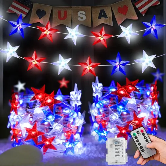 [ 8 Modes & Timer ] 2 Pack Red White and Blue Lights, 20 FT 80 LED 4th of July Lights Remote Battery Operated for Patriotic Memorial Day Independence Fourth of July Decorations {1}