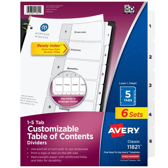 Avery Dividers for 3 Ring Binders, 5 Tabs per Set, Customizable Table of Contents, Classic White Tabs (6 Sets of 11821) {1}