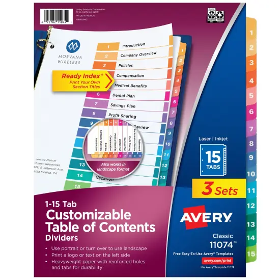 Avery Dividers for 3 Ring Binders, 15 Tabs per Set, Customizable Table of Contents, Multicolor Tabs (3 Sets of 11074) {1}