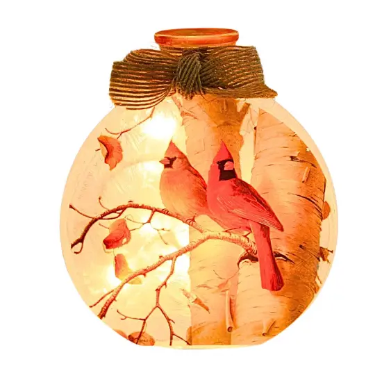 Stony Creek 4.5 Inch Fall Cardinals Pre-Lit Round Sm Thanksgiving Lighted Glass Accent , Thanksgiving Decor Jar Ribbon Autumn White {1}