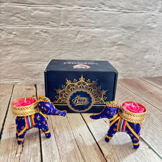 Diwali Gift Hamper Elephant Candle Holder Happy Diwali Stickers Custom Gifts Boxes Handmade Indian Festival Deepawali Hamper for Employees Home Office Friends Family - Return Gift Items Green {4}