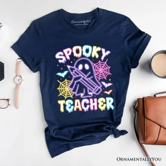 Spooky Teacher Neon Ghost T-Shirt, Retro Halloween Tee for Educators {1}