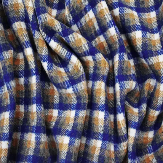 Blue-Beige-White Poly-Wool Single Sided Brush Plaid Jacketing Fabric By the Yard {2}