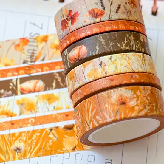 Fall Wildflowers Tan Orange Brown Boho Washi Tape Set September 2024 - W116 {1}