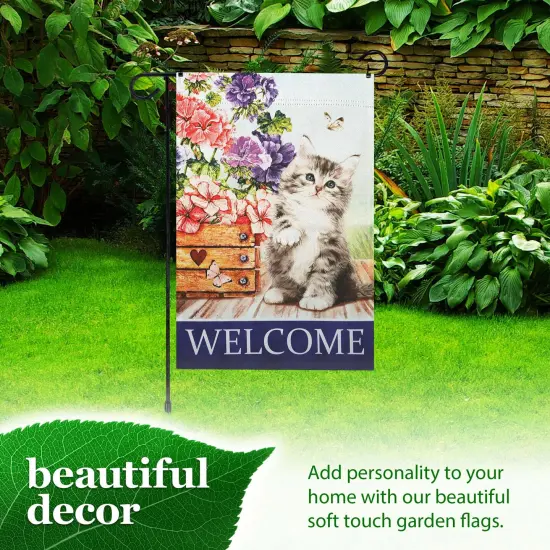 G128 Combo Pack: Garden Flag Stand 36x16IN & Garden Flag Welcome Kitten Flowers Printed 12x18IN Double Sided {6}