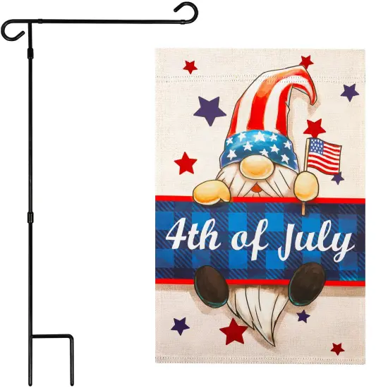 G128 Combo Pack: Garden Flag Stand 36x16IN & Garden Flag 4th of July Gnome Printed 12x18IN Double Sided {1}