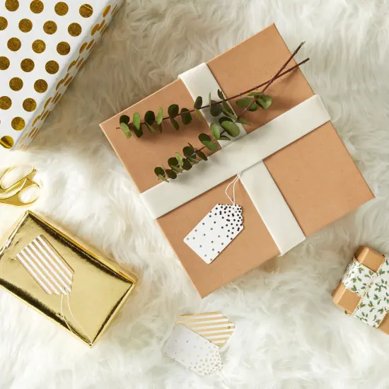 120 Pcs Gold Foil Paper Gift Tags with String for Christmas, Weddings, Party Favors, Stripes and Polka Dots Design (1.8 x 3.2 In) {2}