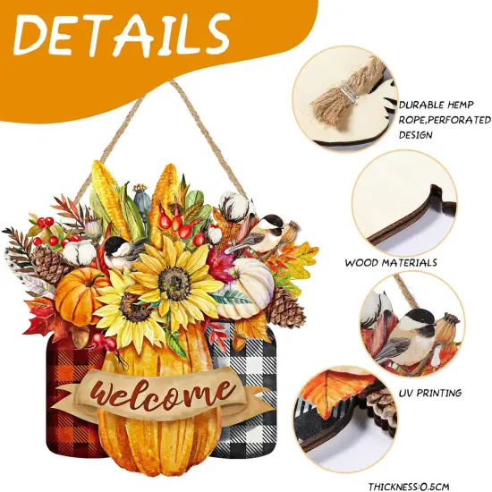 Fall Floral Welcome Sign Thanksgiving Wooden Hanging Door Sign(Gold, Red, and White) {2}