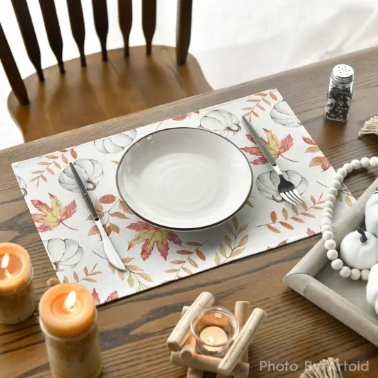 Set of 2 Maple Leaf Pumpkin Fall Placemats - 12x18 Inch (Beige/Orange) {4}