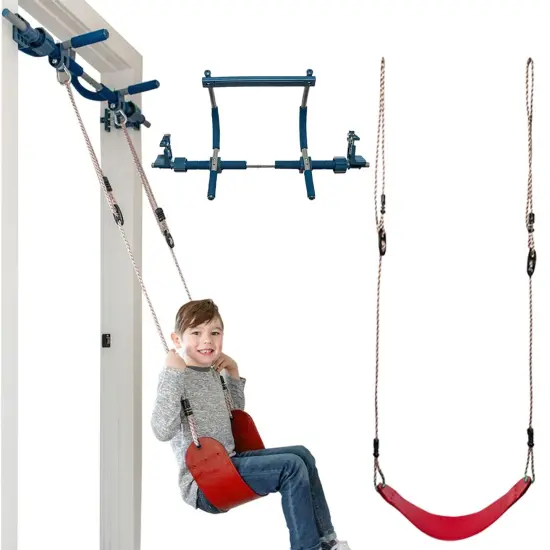 Gym1 2-Piece Doorway Gym for Kids and Teens Ages 3&ndash;14, Includes Door Sensory Swing, Indoor Pull-Up Bar for Fun & Fitness, Holds Up to 300 Lbs, Red {1}
