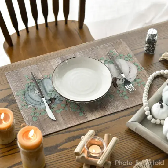 Set of 4 Pumpkins Fall Placemats - 12x18 Inch (Blue Leaves/Wood) {4}