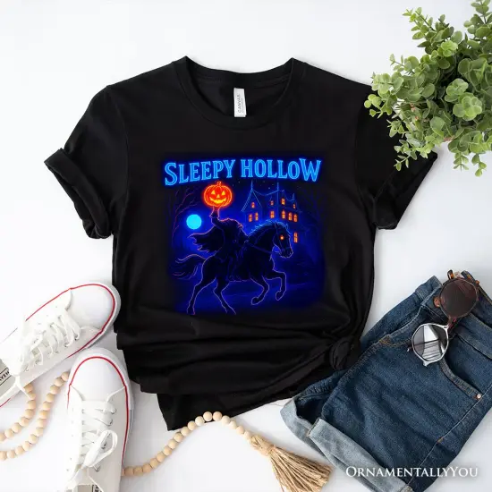 Sleepy Hollow Headless Horseman T-Shirt, Neon Retro Halloween Tee for Spooky Season {1}