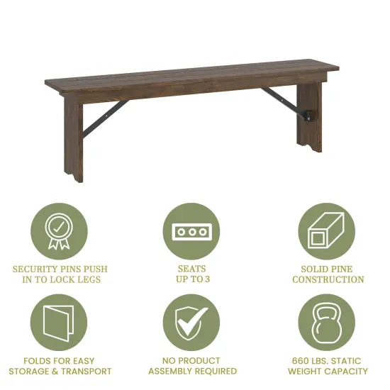 Merrick Lane Tinsley 60" x 12" Solid Pine Folding Farmhouse Style Bench, Rustic Pinewood Folding Dining Bench with Locking Legs Antique Rustic {4}
