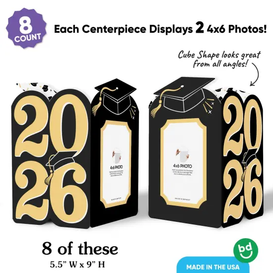 Big Dot of Happiness Black & Gold 2025 Graduation Photo Holder Centerpieces, 4x6 Picture Display Box, Table Decoration Centerpiece for Grad Party Decor, 8 Count {4}