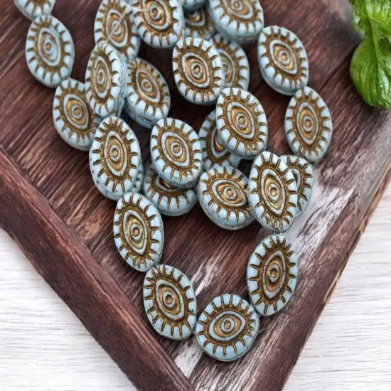 *10* 14x11mm Dark Bronze Washed Blue Mystic Eye Beads {2}