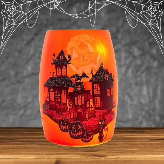 Stony Creek 5.5 Inch Spooky Neighborhood Pre-Lit Small Vase Halloween Lighted Glass Accent , Halloween Decor Halloween Haunted House Moon MULTI {4}