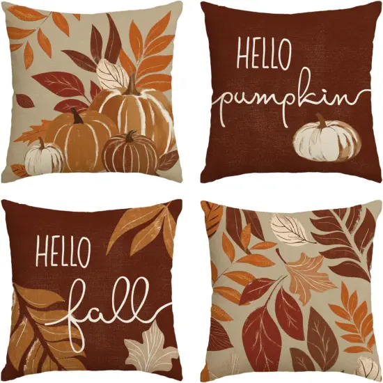 Hello Fall Pumpkin Leaves Pillow Covers {1}