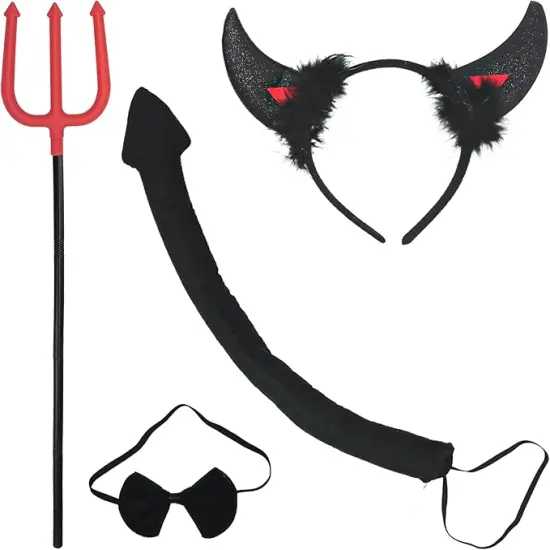 4E's Novelty 4 Pcs Black Devil Costume Set &ndash; Horns Headband, Tail, Pitchfork & Bowtie Accessories for Adults, Kids, Men & Women &ndash; Halloween Demon Costume Kit, Cosplay & Dress-Up Party Props {2}