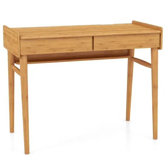 Costway Bamboo Writing Desk 39.5" Computer Study Desk with 2 Storage Drawers & Open Shelf {9}