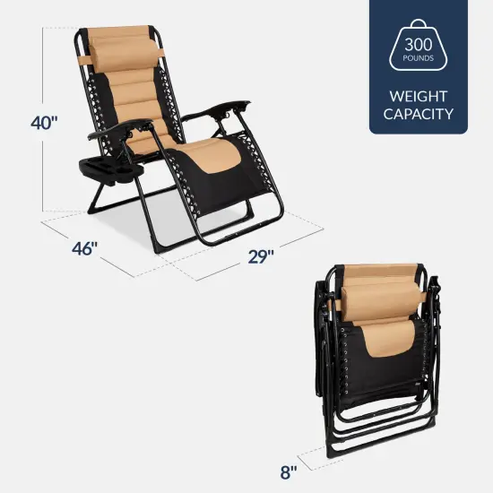 Best Choice Products Oversized Padded Zero Gravity Chair, Folding Outdoor Patio Recliner w/ Side Tray Black/Tan {2}