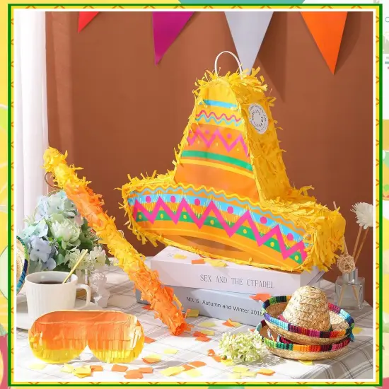 Mexican Themed Party Pinata with Stick Blindfold Confetti Mexican Sombrero Hat Cinco De Mayo Pinata for Cinco De Mayo Fiesta Carnival Birthday Party, 16 x 11 x 3 Inch {3}