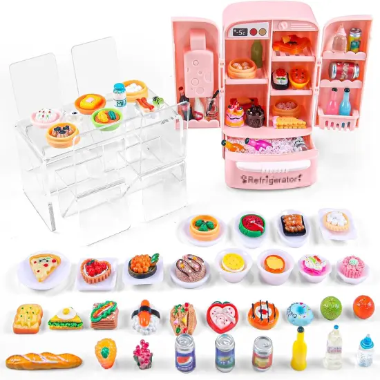95 Pcs Dollhouse Refrigerator Mini Fridge Table Dining Car Toy with Food Set Kitchen Furniture Miniatures Party Fruits Juice Milk Desserts for Children Drink Cake Pretend Play Game Fake Ice Cubes {1}