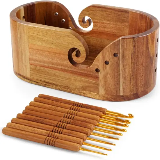 9pcs Knitting Hooks, Yarn Storage Crochet Bowl Knitting for Crocheters, Large Yarn Bowl Acacia Wooden 11.3x5.9x4.7inch {1}