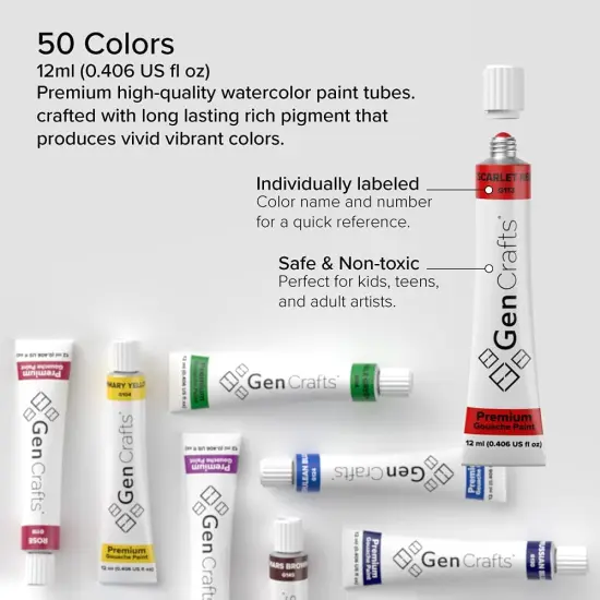 Gouache Paint 50 Colors 12 ml/ 0.406 oz. - Quality Non Toxic Pigment Paints for Canvas, Fabric, Crafts, and More {3}