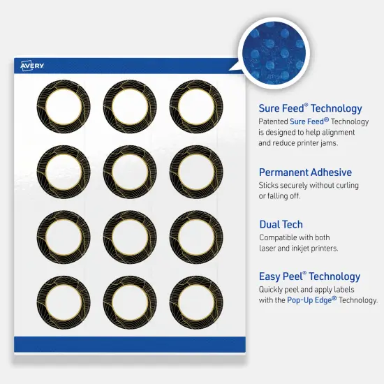 Avery Printable Round Labels with Sure Feed Technology, Pre-Printed Black Border with Gold Pattern, Glossy White, 2" Diameter, Laser & Inkjet Compatible, 120 Total {3}