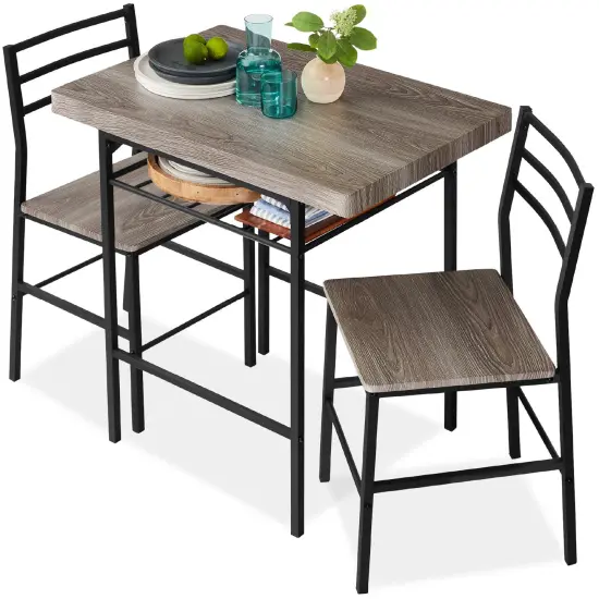 Best Choice Products 3-Piece Modern Dining Set, Square Table & Chairs Set w/ Steel Frame, Built-In Storage Rack Gray/Black {1}