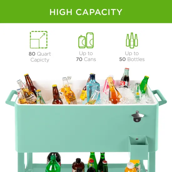 Best Choice Products 80qt Steel Rolling Cooler Cart w/ Bottle Opener, Catch Tray, Drain Plug, Locking Wheels Mint {3}