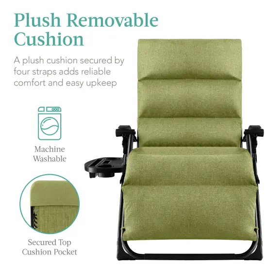 Best Choice Products Oversized Zero Gravity Chair, Folding Recliner w/ Removable Cushion, Side Tray Lime Green {2}
