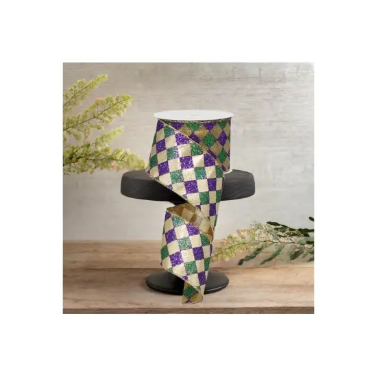 2.5" Harlequin Glitter Diamond Ribbon: Mardi Gras (10 Yards) {2}