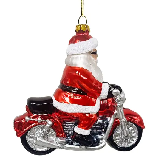 Motorcycle Santa Cruising Glass Christmas Ornament, Biker Gift {4}