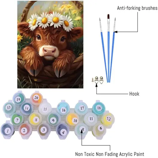 Highland Cow Paint by Numbers Kit for Adults, Flowers Adults' Paint-by-Number Kits, DIY Acrylic Watercolor Painting by Numbers Kits on Canvas Without Frame for Home Wall Decor 16X20 Inch {3}