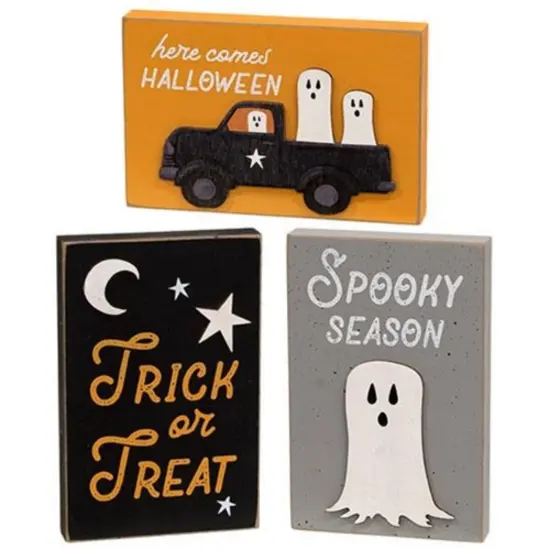 3 Asstd. Spooky Season Wooden Blocks Halloween Ghost Decor for Shelf or Table {1}