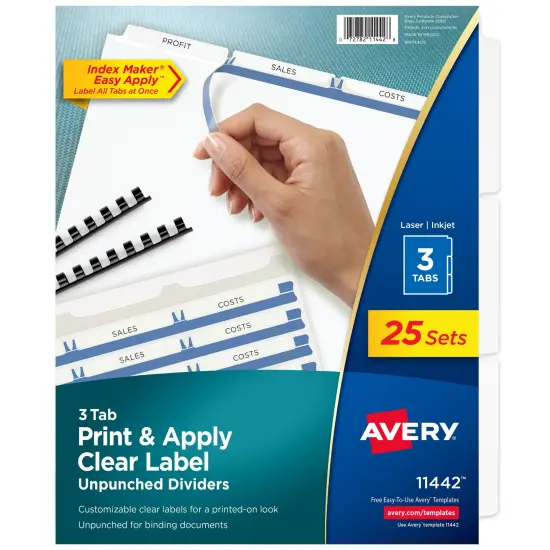 Avery 3-Tab Unpunched Dividers for Use with Any Binding System, Easy Print & Apply Clear Label Strip, Index Maker Customizable White Tabs, 25 Sets (11442) {1}