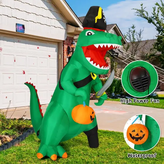GOOSH 7 FT Halloween Inflatables Dinosaur Blow Up Yard Pirate Dinosaur with Pumpkin Decoration with Built-in LEDs {5}