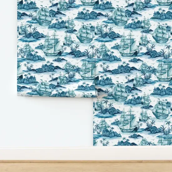 Pre-Pasted Wallpaper 2FT Wide Toile Monochromatic Tropical Novelty Ship Island Palm Trees De Jouy Custom Pre-pasted Wallpaper by Spoonflower {2}