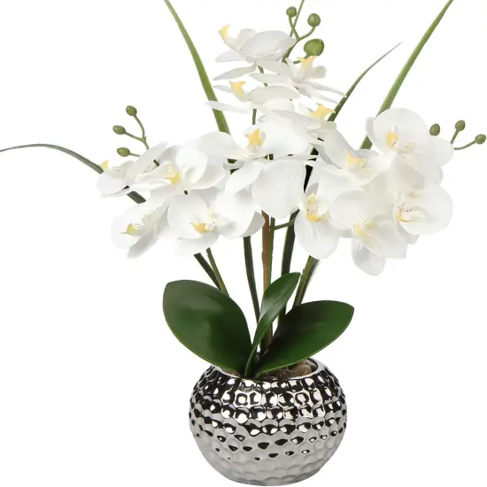 Orchids Artificial Flowers, 20'' White Faux Orchid with Silver Vase Fake Phalaenopsis Flowers for Home Table Living Room Office Kitchen Decor {1}