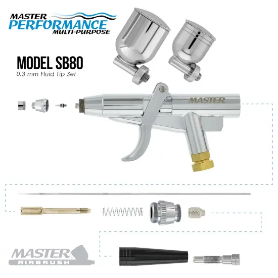 Master Performance SB80 Multi-Purpose Fixed Dual-Action Side Feed Pistol Trigger Airbrush, 0.3 mm Tip, 1/6 & 1/3 oz Cups {3}